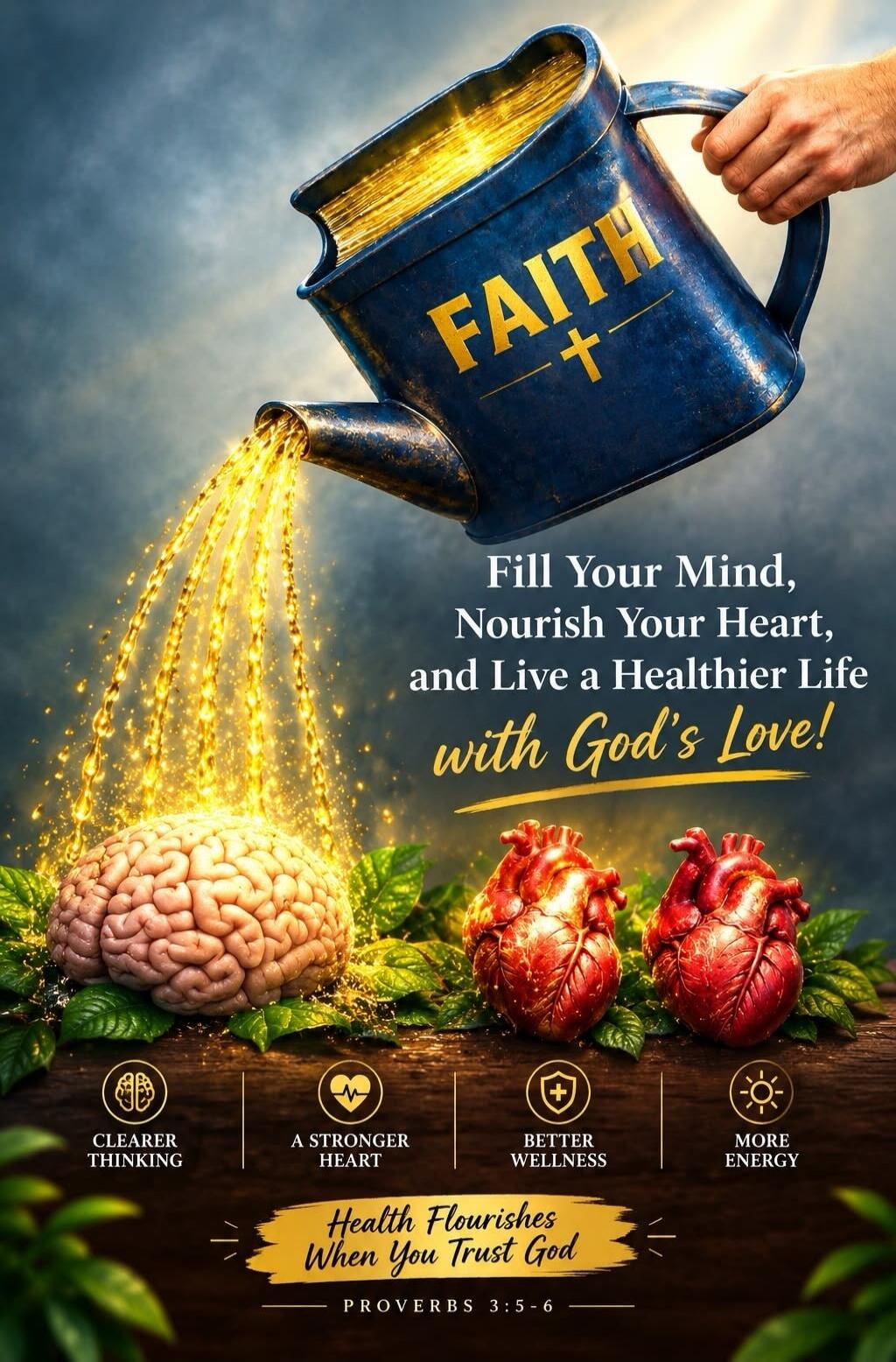 FAITH. Fill Your Mind, Nourish Your Heart, and Live a Healthier Life with God's Love! CLEARER THINKING. A STRONGER HEART. BETTER WELLNESS. MORE ENERGY. Health Flourishes When You Trust God. PROVERBS 3:5-6.