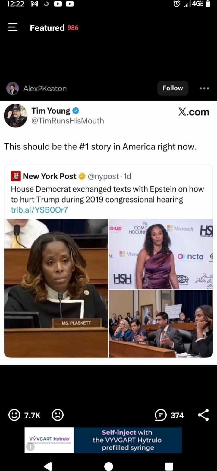 Tim Young @TimRunsHisMouth: This should be the #1 story in America right now. 
[New York Post] House Democrat exchanged texts with Epstein on how to hurt Trump during 2019 congressional hearing