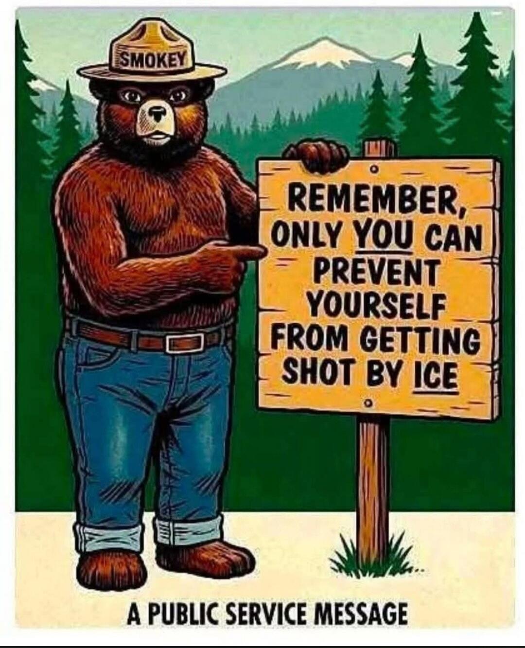 SMOKEY REMEMBER, ONLY YOU CAN PREVENT YOURSELF FROM GETTING SHOT BY ICE A PUBLIC SERVICE MESSAGE
