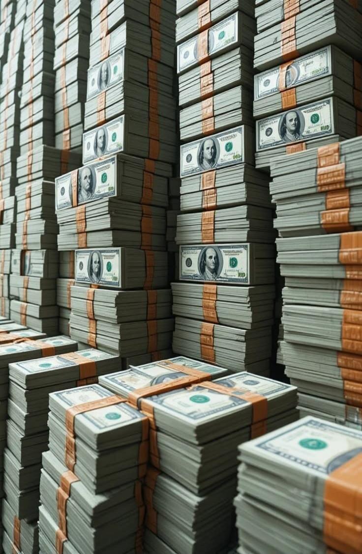 Stacks of one hundred dollar bills, showing Benjamin Franklin's portrait.