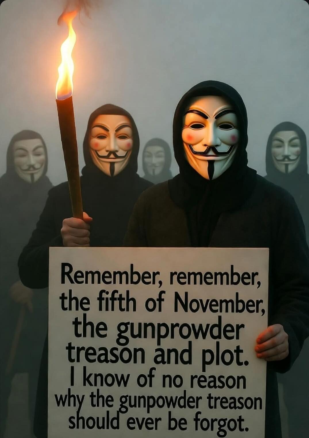 Remember, remember, the fifth of November, the gunpowder treason and plot. I know of no reason why the gunpowder treason should ever be forgot.