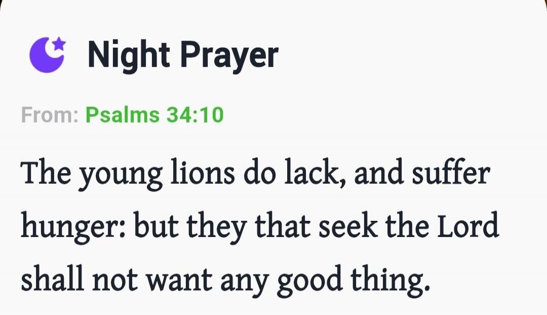 Night Prayer From: Psalms 34:10 The young lions do lack, and suffer hunger: but they that seek the Lord shall not want any good thing.