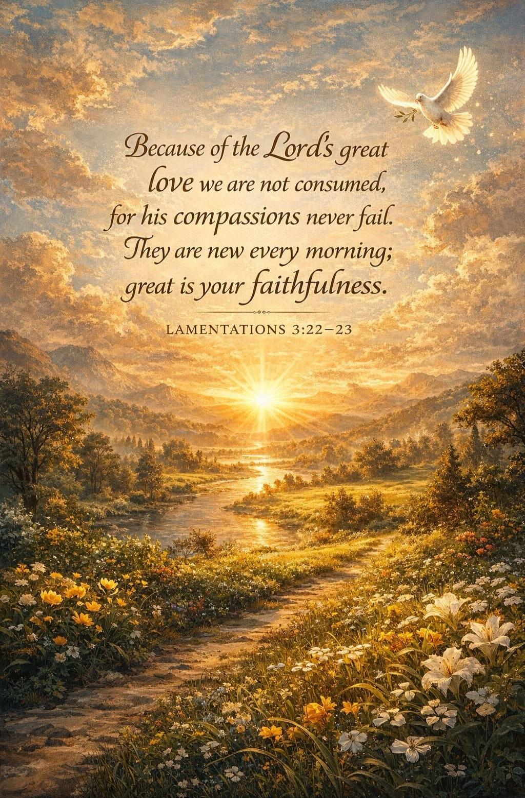 Because of the Lord's great love we are not consumed, for his compassions never fail. They are new every morning; great is your faithfulness. LAMENTATIONS 3:22-23