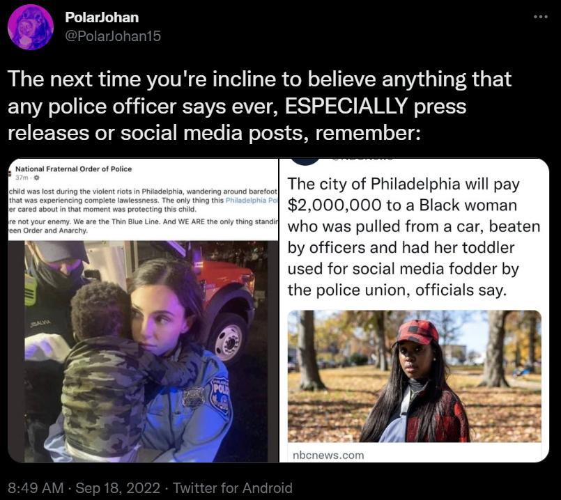 Polarlohan The next time youre incline to believe anything that any police officer says ever ESPECIALLY press releases or social media posts remember