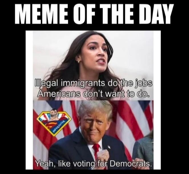 MEME OF THE DAY Illegal immigrants do the jobs Americans don't want to do. Yeah, like voting for Democrats. SUPERCRATER