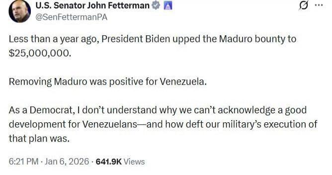 Less than a year ago, President Biden upped the Maduro bounty to $25,000,000.\n\nRemoving Maduro was positive for Venezuela.\n\nAs a Democrat, I don’t understand why we can’t acknowledge a good development for Venezuelans—and how deft our military’s execution of that plan was.