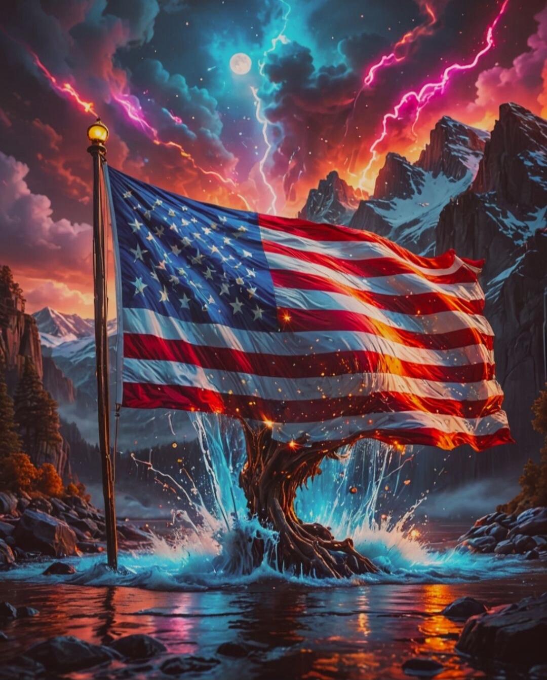 American flag waving amid lightning, mountains, and a dramatic stormy landscape.