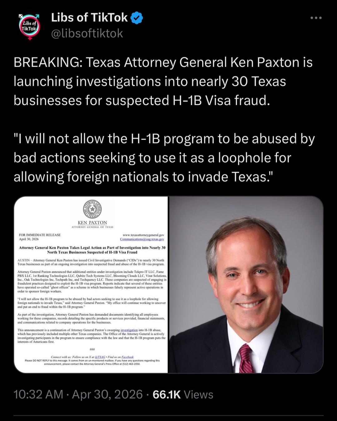 Libs of TikTok: BREAKING: Texas Attorney General Ken Paxton is launching investigations into nearly 30 Texas businesses for suspected H-1B Visa fraud. Ken Paxton states: 