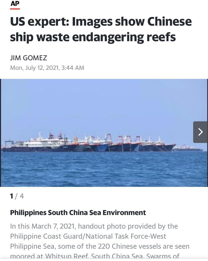 AP US expert Images show Chinese ship waste endangering reefs JIM GOMEZ Mon July 12 2021 344 AM 14 Philippines South China Sea Environment In this March 7 2021 handout photo provided by the Philippine Coast GuardNational Task Force West Philippine Sea some of the 220 Chinese vessels are seen moored at Whitsun Reef South China Sea Swarms of