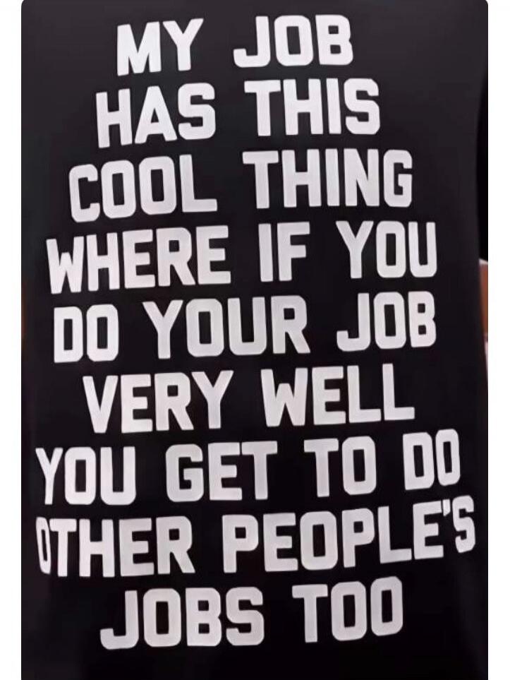 MY JOB HAS THIS COOL THING WHERE IF YOU DO YOUR JOB VERY WELL YOU GET TO DO OTHER PEOPLE'S JOBS TOO