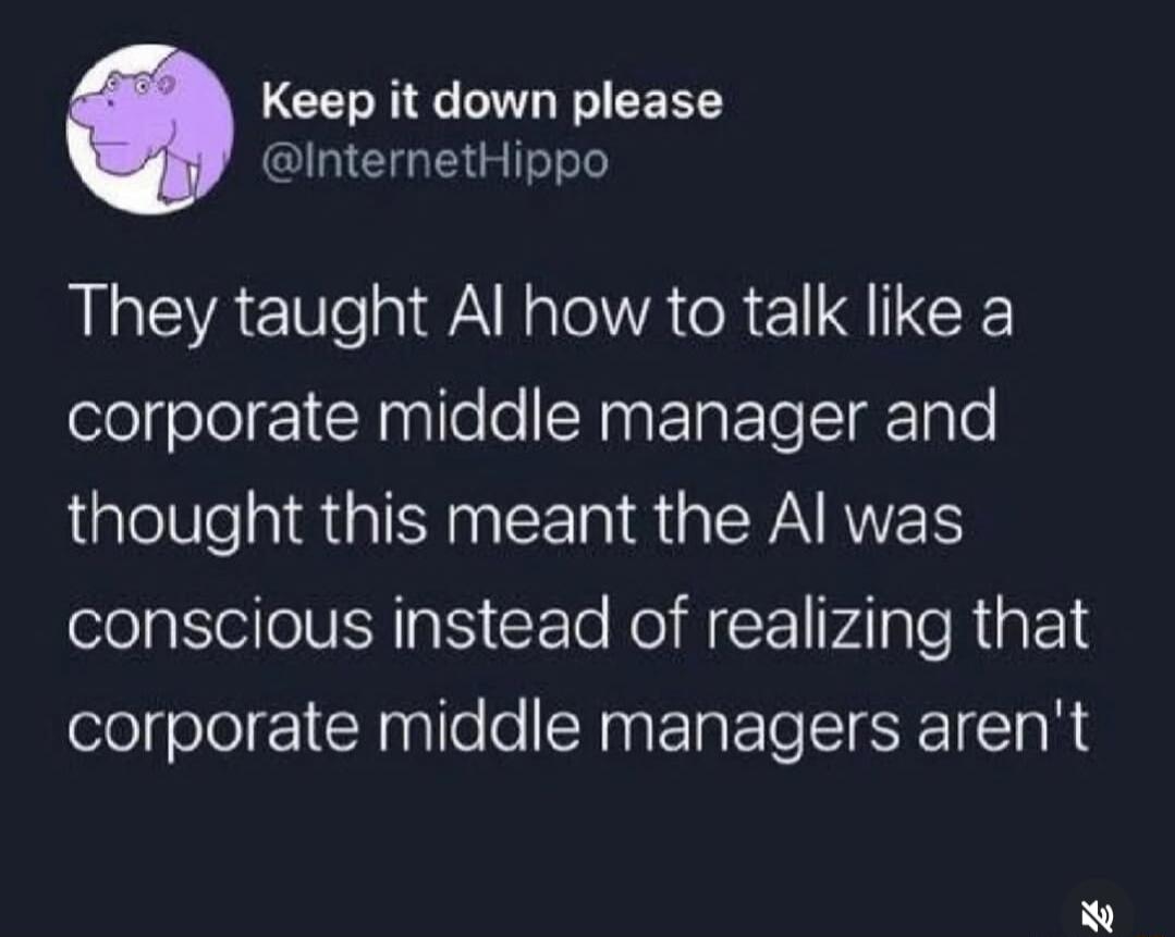 Keep it down please @InternetHippo They taught AI how to talk like a corporate middle manager and thought this meant the AI was conscious instead of realizing that corporate middle managers aren't