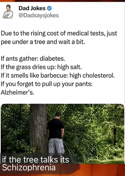 Dad Jokes @Dadsaysjokes Due to the rising cost of medical tests, just pee under a tree and wait a bit. If ants gather: diabetes. If the grass dries up: high salt. If it smells like barbecue: high cholesterol. If you forget to pull up your pants: Alzheimer's. If the tree talks its Schizophrenia.