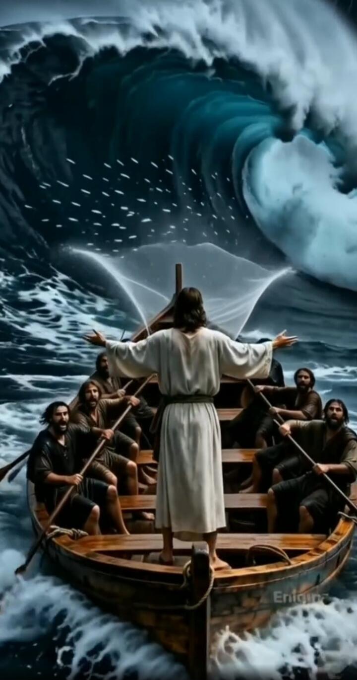 A biblical scene: Jesus stands at the stern of a wooden boat with outstretched arms, surrounded by several disciples as a gigantic, crushing wave looms overhead. The stormy sea roars around them, with dark swirling water and white-crested surf.