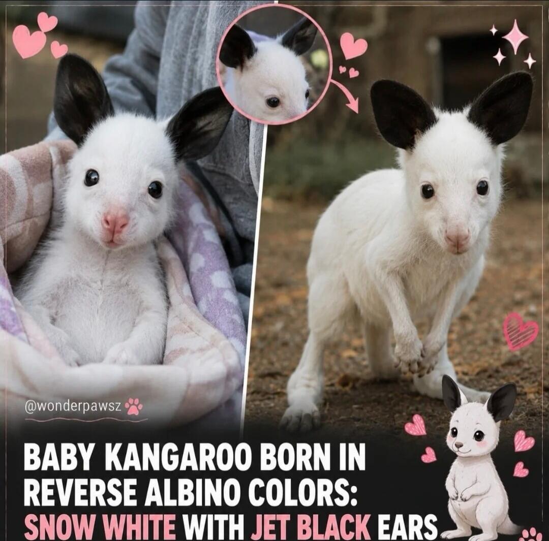 BABY KANGAROO BORN IN REVERSE ALBINO COLORS: SNOW WHITE WITH JET BLACK EARS