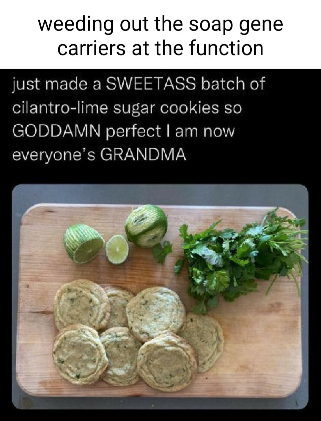weeding out the soap gene carriers at the function just made a SWEETASS batch of cilantro lime sugar cookies so GODDAMN perfect am now everyones GRANDMA