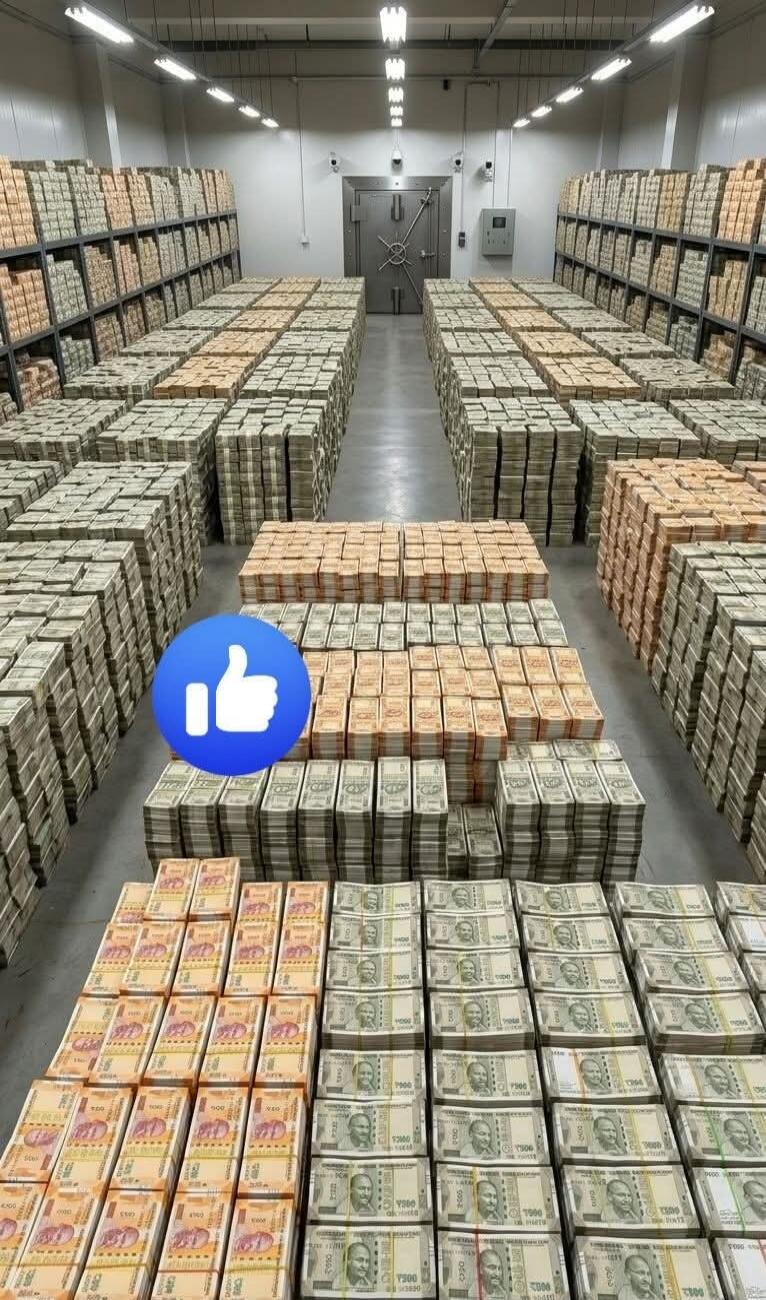 A large vault or storage room filled with stacks of Indian Rupee banknotes, including 500 and 2000 rupee denominations. A blue 'thumbs up' emoji is overlaid on the image.
