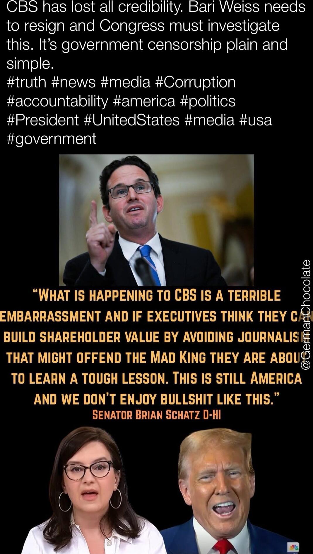 CBS has lost all credibility. Bari Weiss needs to resign and Congress must investigate this. It’s government censorship plain and simple. #truth #news #media #Corruption #accountability #america #politics #President #UnitedStates #media #usa #government

