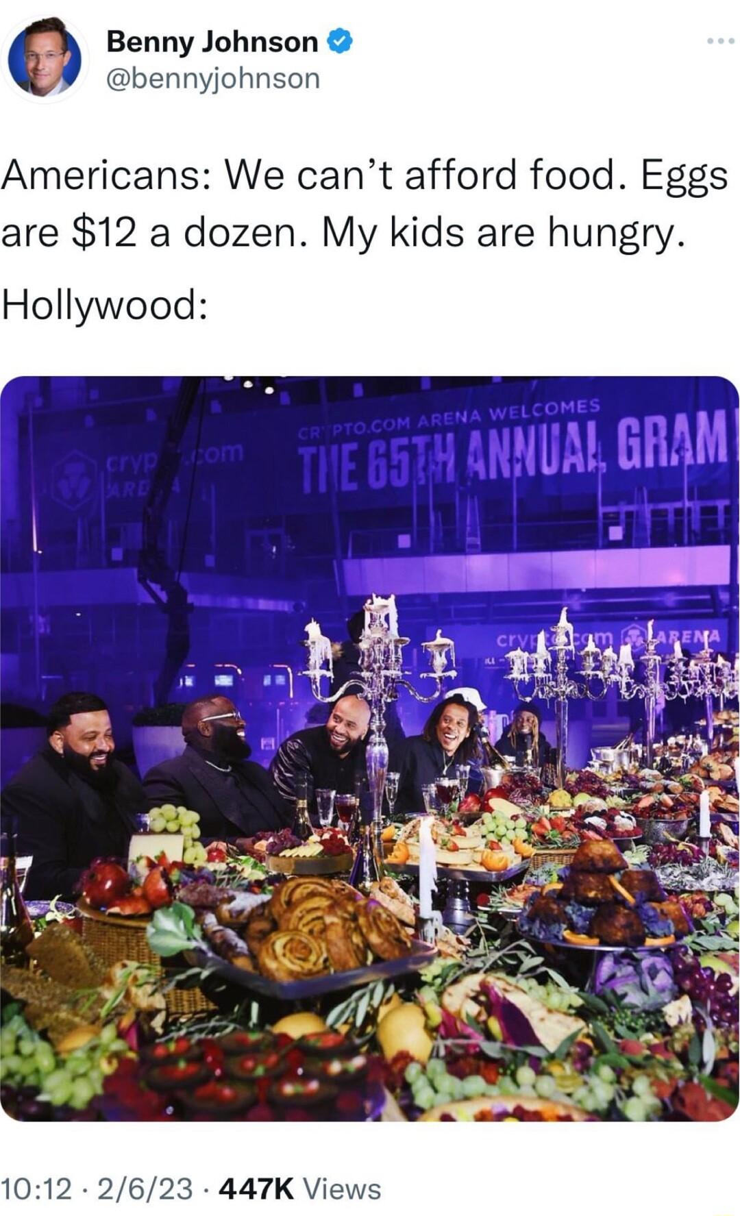 Benny Johnson bennyjohnson Americans We cant afford food Eggs are 12 a dozen My kids are hungry Hollywood