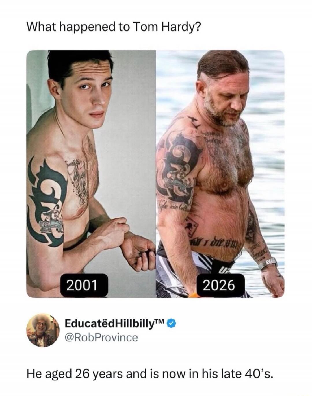 What happened to Tom Hardy? 2001 2026 EducatedHillbilly™ @RobProvince He aged 26 years and is now in his late 40's.