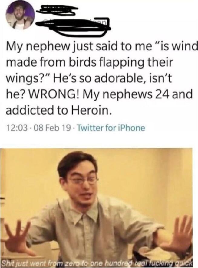 _ My nephew just said to me is wind made from birds flapping their wings Hes so adorable isnt he WRONG My nephews 24 and addicted to Heroin 1203 08 Feb 19 Twitter for iPhone