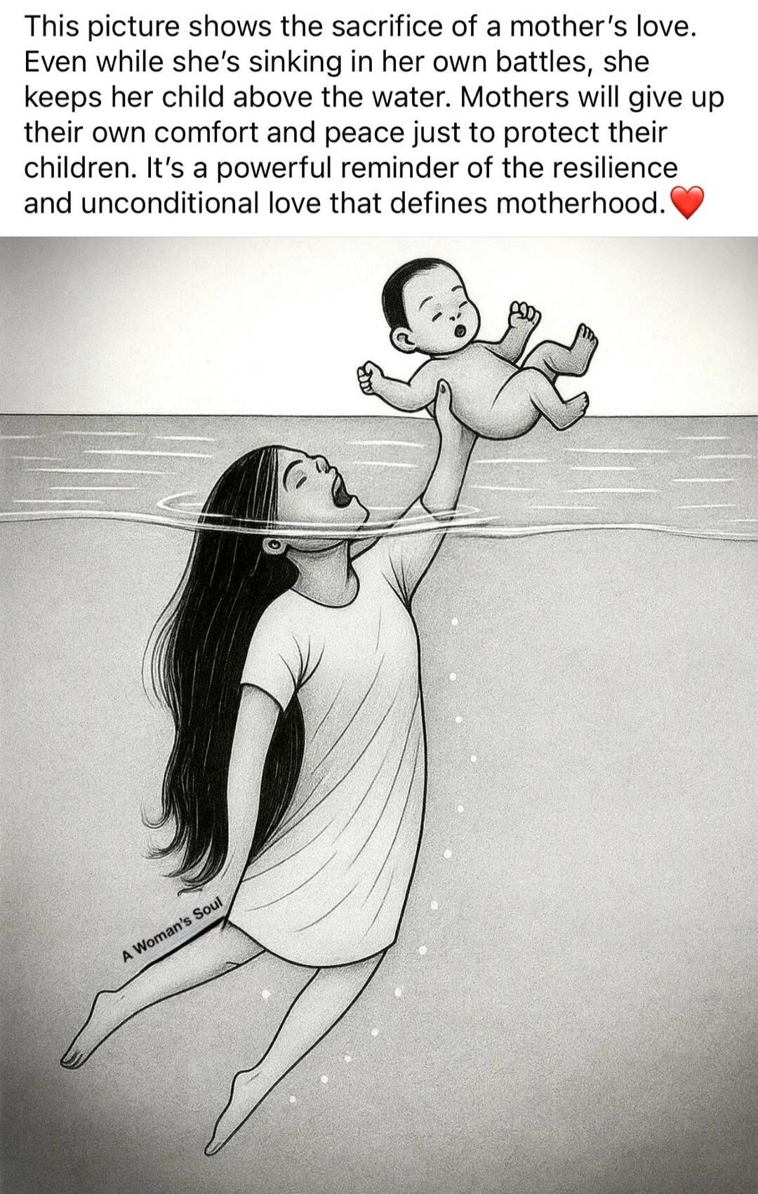 This picture shows the sacrifice of a mother's love. Even while she's sinking in her own battles, she keeps her child above the water. Mothers will give up their own comfort and peace just to protect their children. It's a powerful reminder of the resilience and unconditional love that defines motherhood. ❤️