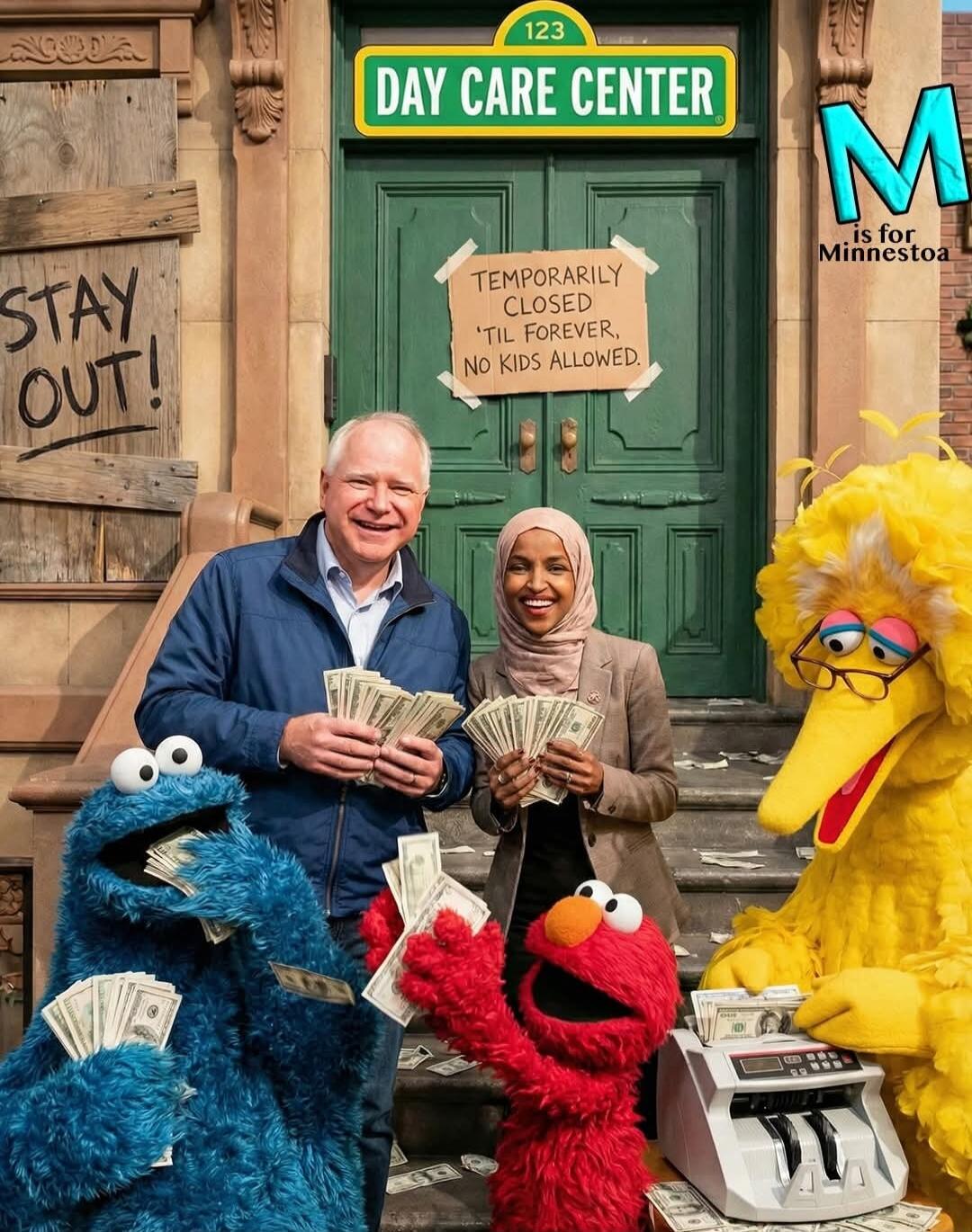 DAY CARE CENTER
Temporarily closed til forever, no kids allowed.
STAY OUT!
Two people (man and woman) holding cash in front of a closed daycare door flanked by Sesame Street characters Cookie Monster, Elmo, and Big Bird.