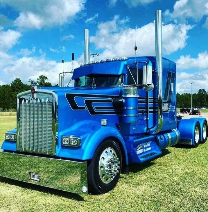 A custom blue semi-truck with chrome details, parked on a grassy field under a blue sky. Text visible on the bumper reads 'R48-842' and 'C&C' on the side step.