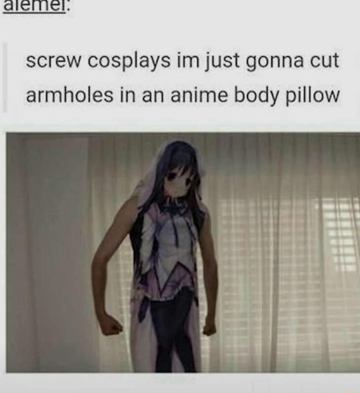 screw cosplays im just gonna cut armholes in an anime body pillow