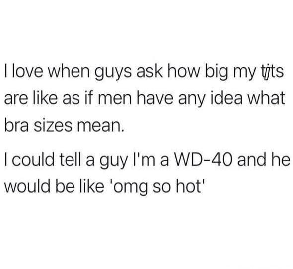 I love when guys ask how big my tits are like as if men have any idea what bra sizes mean. I could tell a guy I'm a WD-40 and he would be like 'omg so hot'