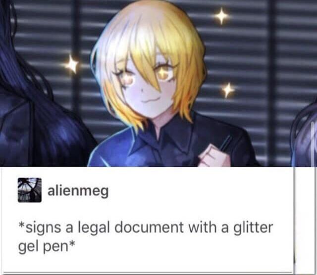 8 alienmeg signs a legal document with a glitter gel pen