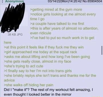 3 Anonymous U31422Mon14204 NoGOFUAO04 Did make it The rest of my workout felt amazing even thought looked better in the mirror