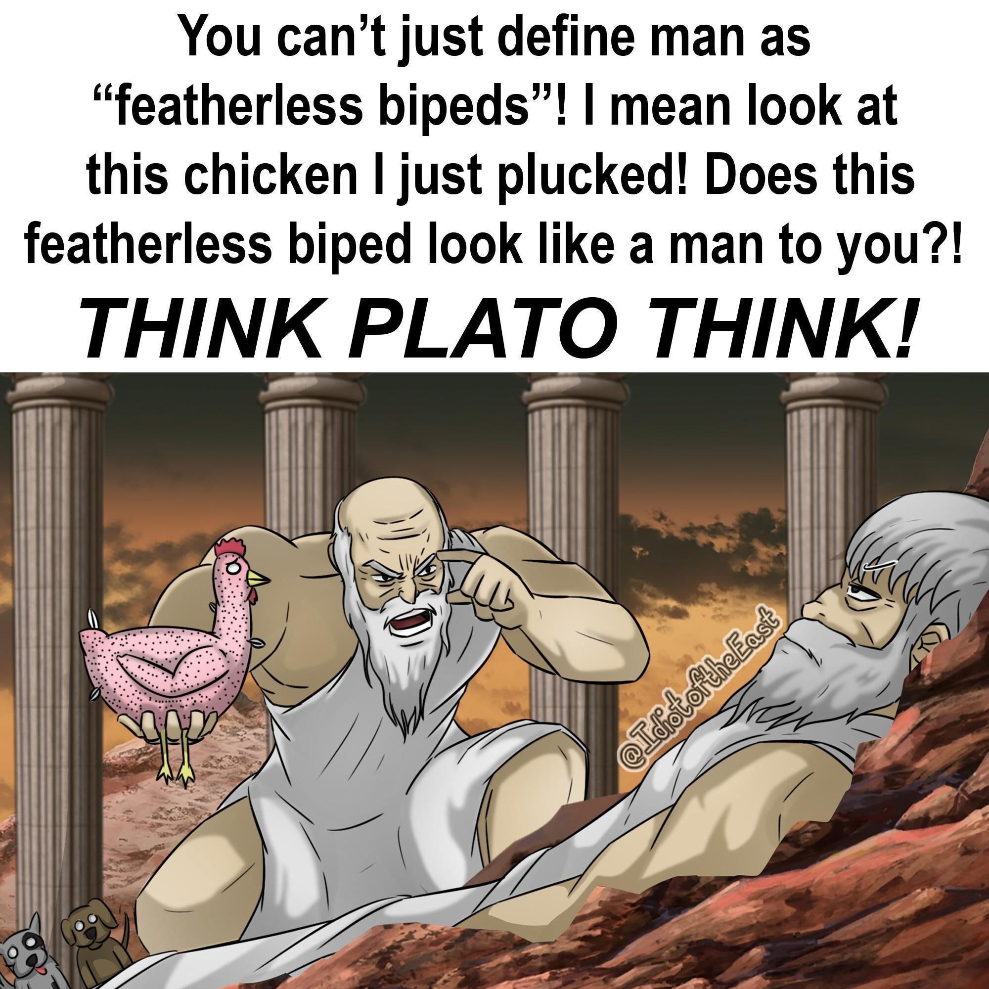 You cant just define man as featherless bipeds mean look at this chicken just plucked Does this featherless biped look like a man to you THINK PLATO THINK Iy i