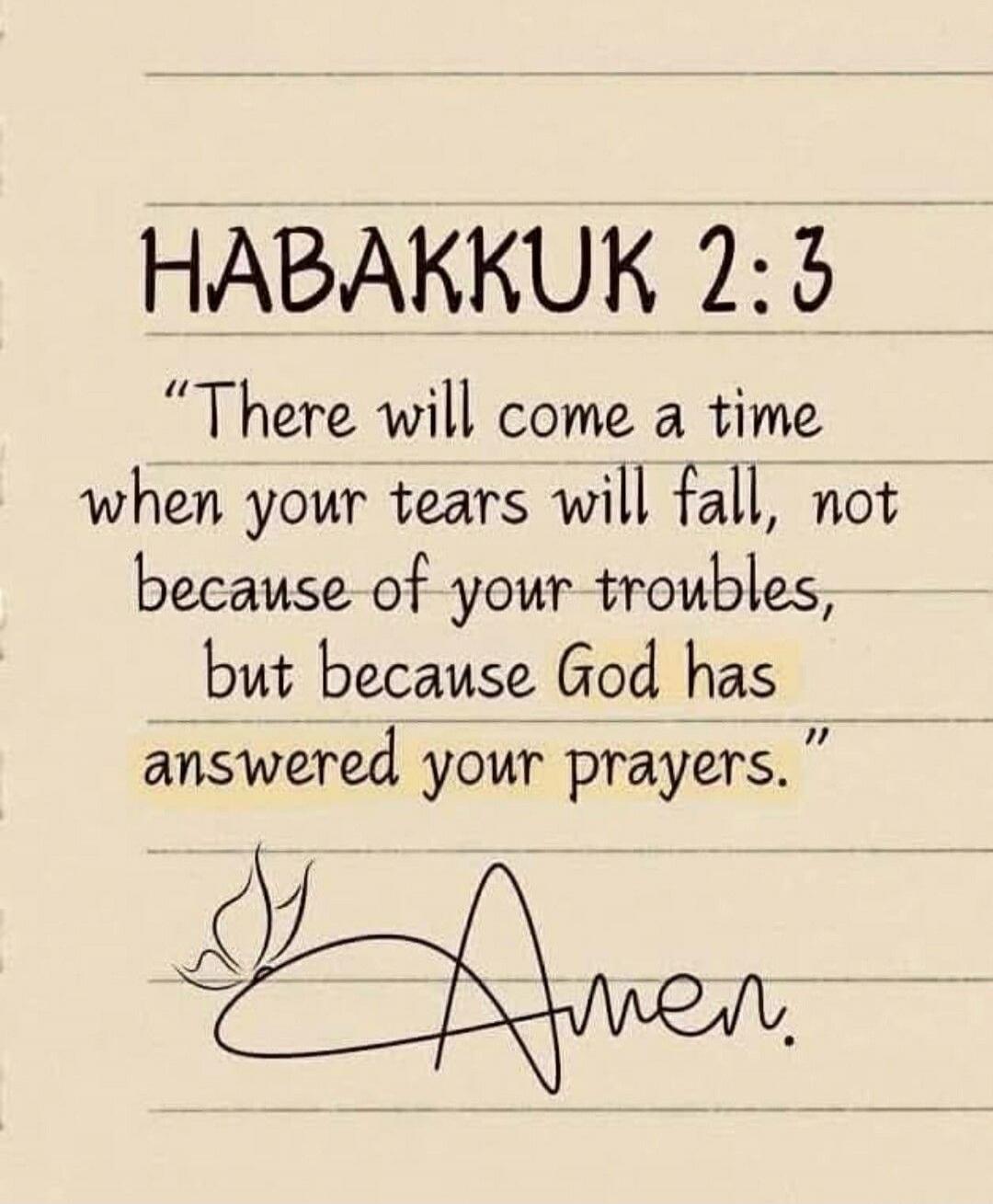 HABAKKUK 2:3
“There will come a time when your tears will fall, not because of your troubles, but because God has answered your prayers.”
Amen.