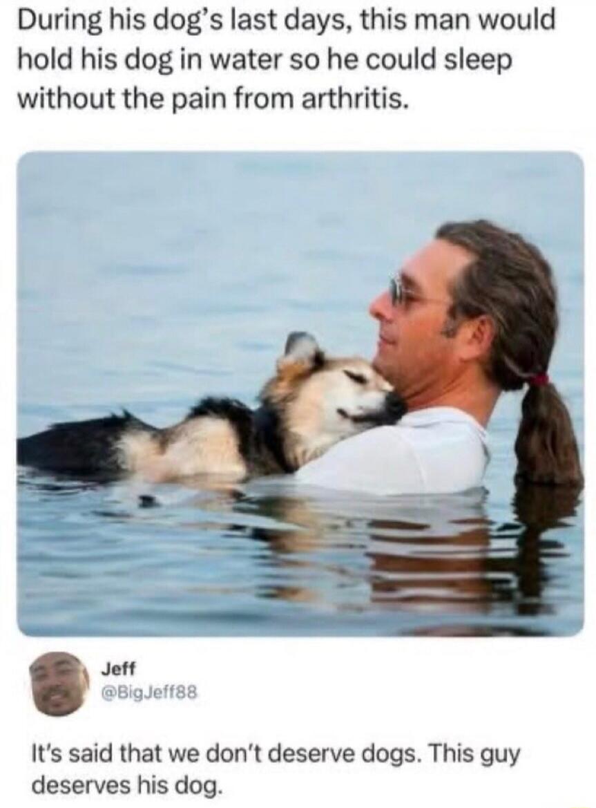 During his dog's last days, this man would hold his dog in water so he could sleep without the pain from arthritis. It's said that we don't deserve dogs. This guy deserves his dog.