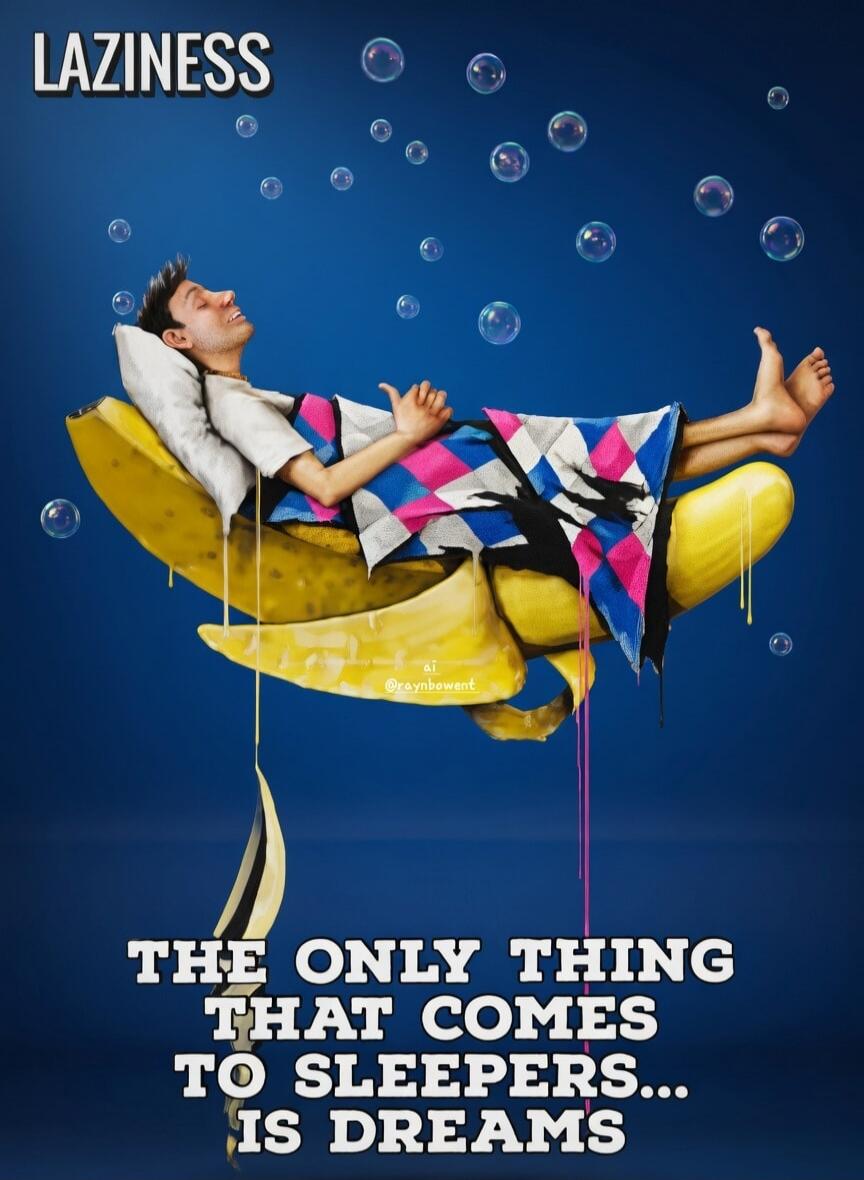 LAZINESS THE ONLY THING THAT COMES TO SLEEPERS... IS DREAMS @raynbowent