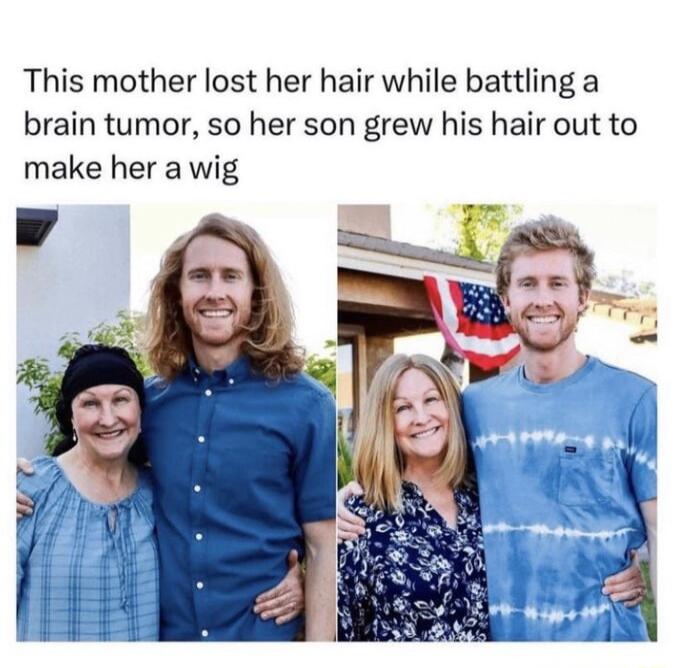 This mother lost her hair while battling a brain tumor so her son grew his hair out to make her a wig