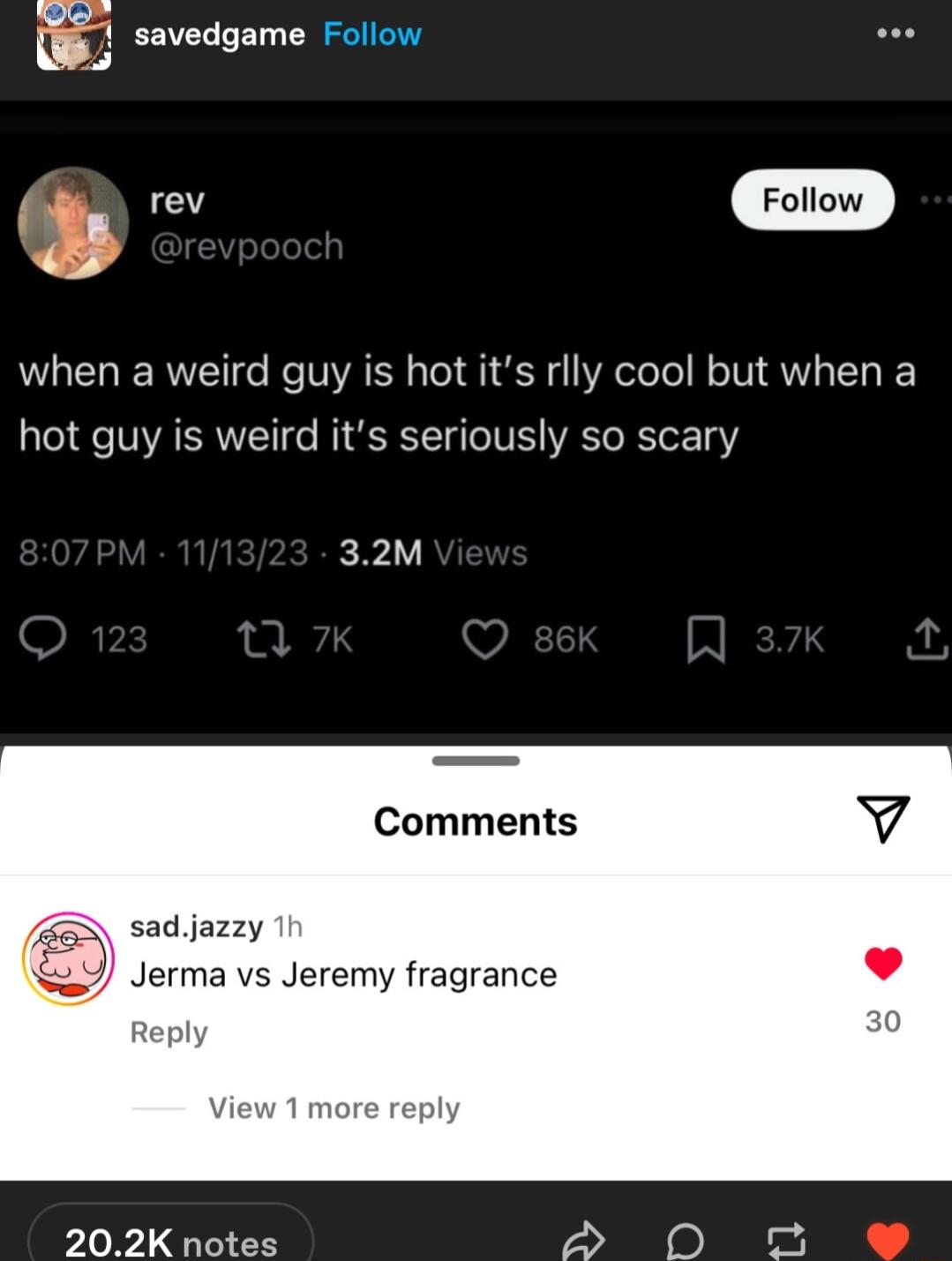 8 savedgame Follow when a weird guy is hot its rlly cool but when a hot guy is weird its seriously so scary 1 Comments sad jazzy J Jerma vs Jeremy fragrance 202K notes P e T
