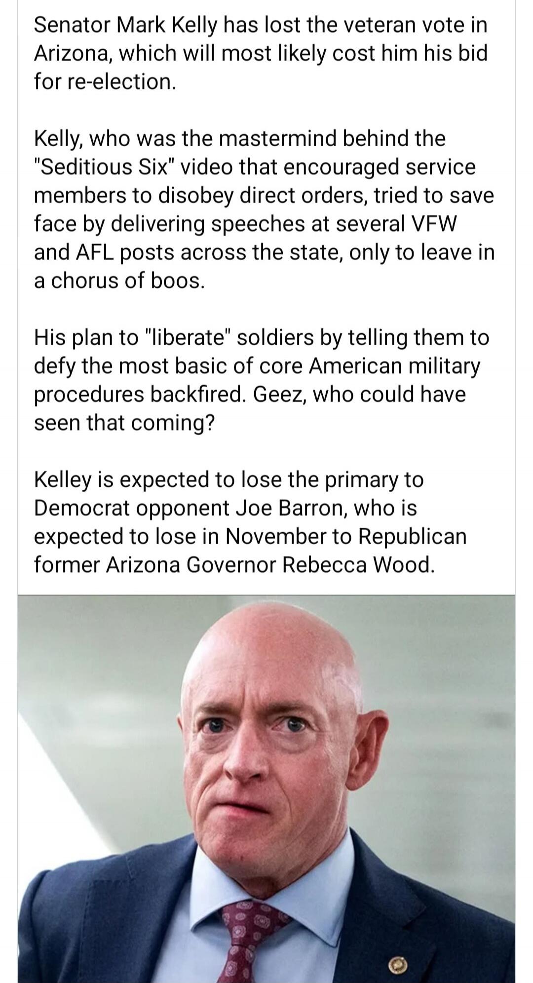 Senator Mark Kelly has lost the veteran vote in Arizona, which will most likely cost him his bid for re-election.
Kelly, who was the mastermind behind the 