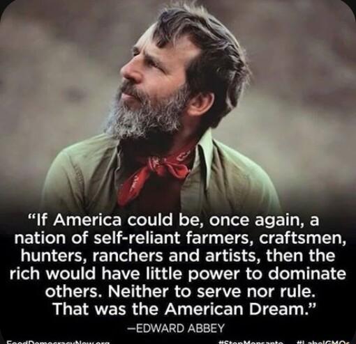 If America could be once again a nation of self reliant farmers craftsmen hunters ranchers and artists then the rich would have little power to dominate others Neither to serve nor rule That was the American Dream EDWARD ABBEY