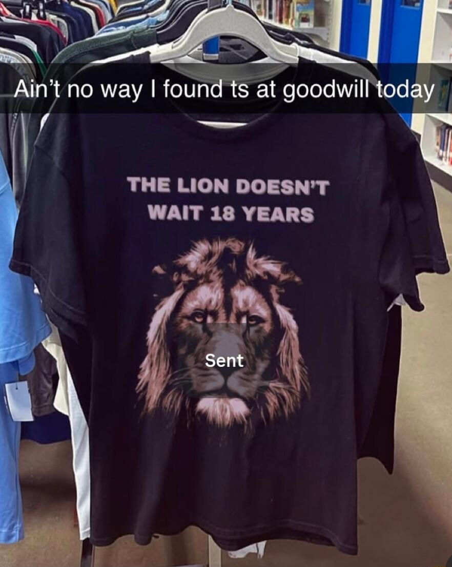 Ain't no way I found ts at goodwill today
THE LION DOESN'T WAIT 18 YEARS
Sent