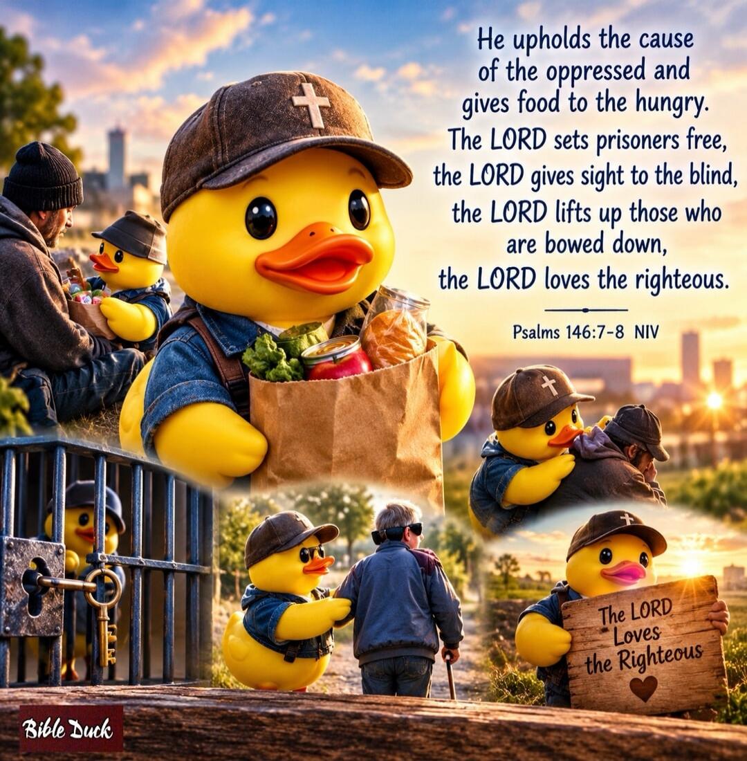 He upholds the cause of the oppressed and gives food to the hungry. The LORD sets prisoners free, the LORD gives sight to the blind, the LORD lifts up those who are bowed down, the LORD loves the righteous. Psalms 146:7-8 NIV. Bible Duck. The LORD Loves the Righteous.