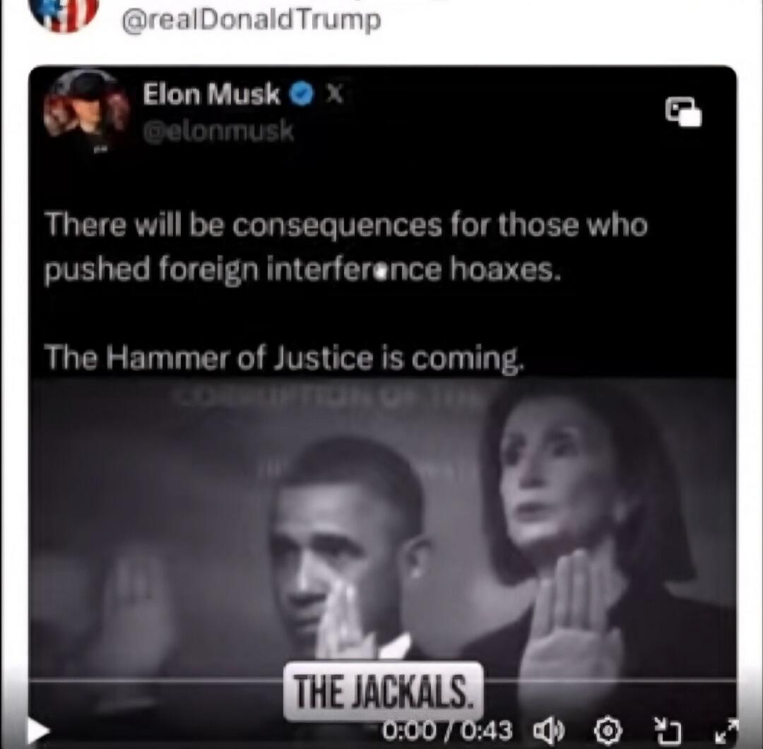 There will be consequences for those who pushed foreign interference hoaxes. The Hammer of Justice is coming. THE JACKALS.