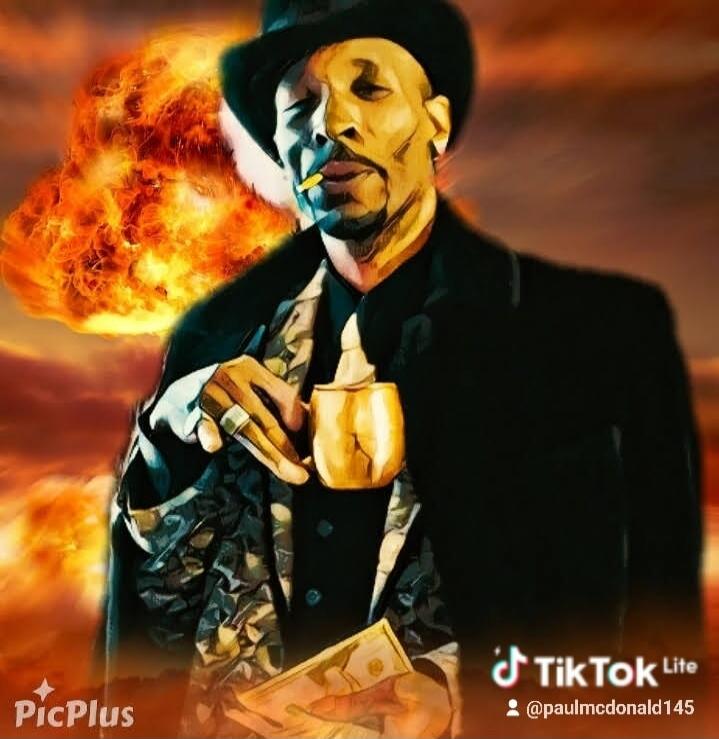 PicPlus TikTok Lite @paulmcdonald145. An artistic rendering of a man in a fedora and suit, holding a golden object and money, with a cigarette in his mouth. An explosion is visible in the background.