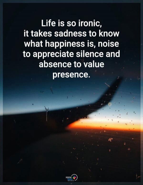 Life is so ironic, it takes sadness to know what happiness is, noise to appreciate silence and absence to value presence.