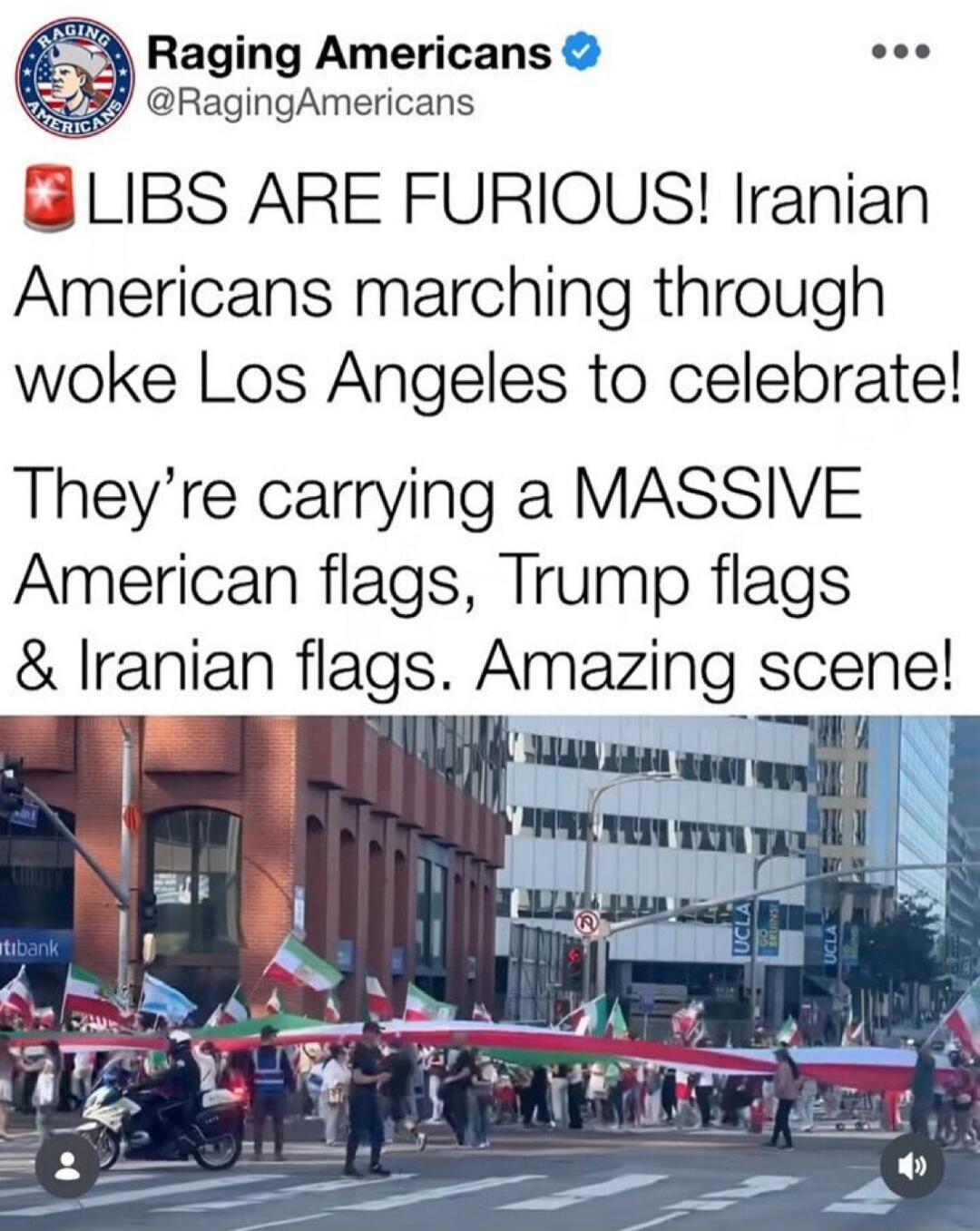 LIBS ARE FURIOUS! Iranian Americans marching through woke Los Angeles to celebrate! They’re carrying a MASSIVE American flags, Trump flags & Iranian flags. Amazing scene!