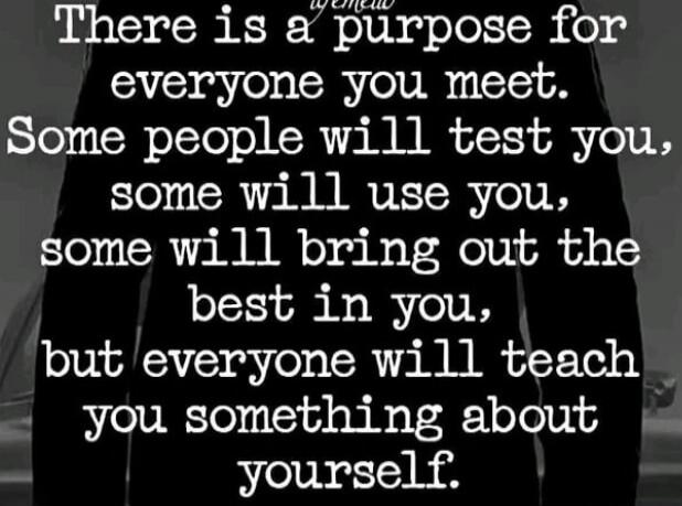 There is a purpose for everyone you meet. Some people will test you, some will use you, some will bring out the best in you, but everyone will teach you something about yourself.