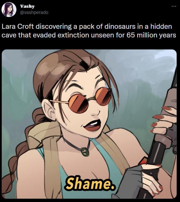 F Rt Lara Croft discovering a pack of dinosaurs in a hidden LR GEVCVEL EL RO T R S R TR LR T BYEETE