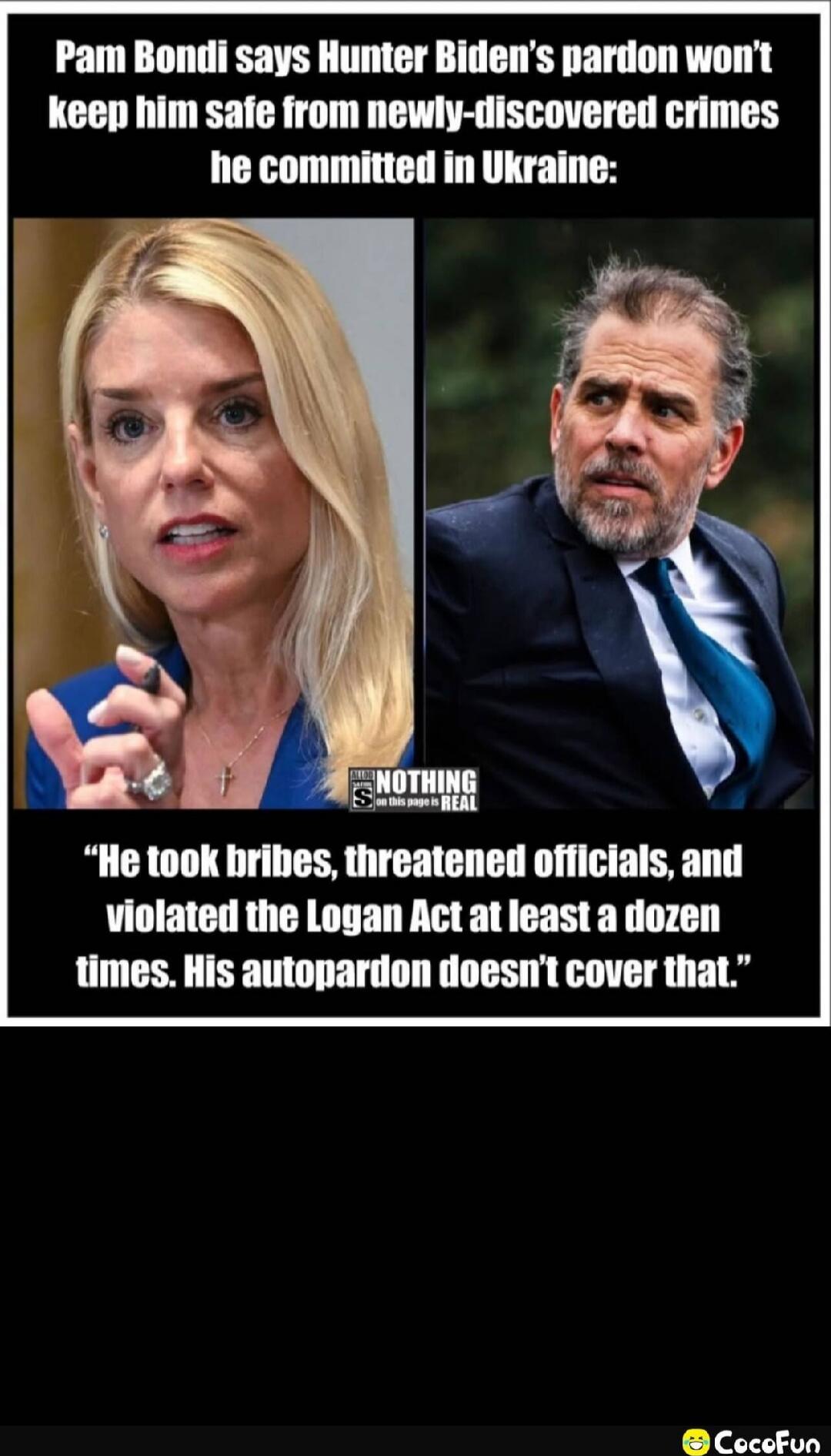 Pam Bondi says Hunter Biden's pardon won't keep him safe from newly-discovered crimes he committed in Ukraine:

