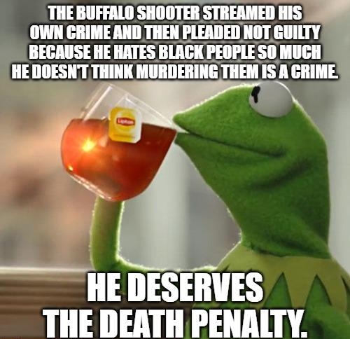 THE BUFFALO SHOOTER STREAMED HIS OWN CRIME AND THEN PLEADEDNOT GUILTY BECAUSE HE HATES BLACK PEOPLE SO MUCH IlE DOESNTTHINK MURDERING THEM IS l 510 3 79 HE DESERVES THE DERTH PENALTY