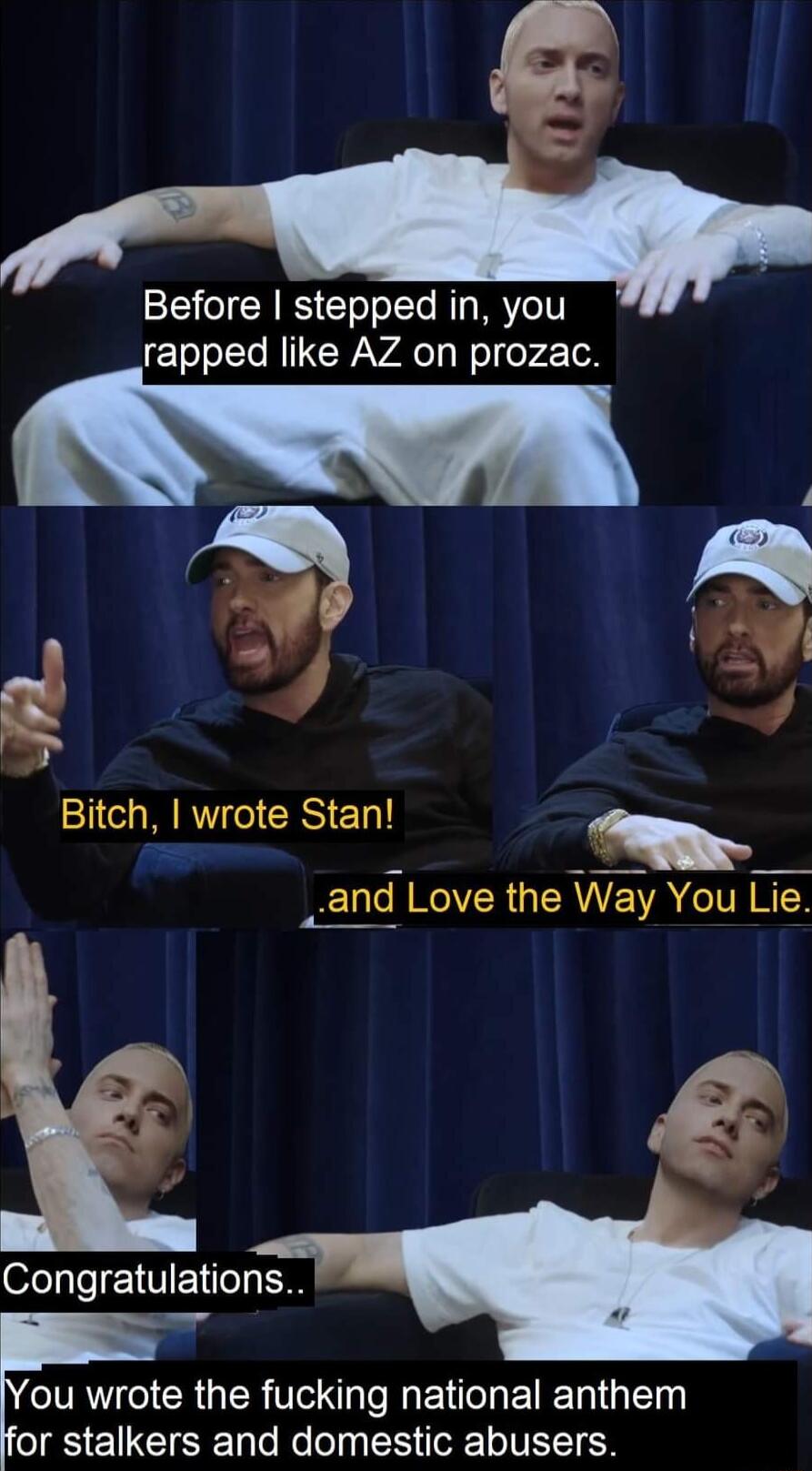 Before stepped in you rapped like AZ on prozac a 1 Bitch wrote Stan and Love the Congratulations ou wrote the fucking national anthem for stalkers and domestic abusers